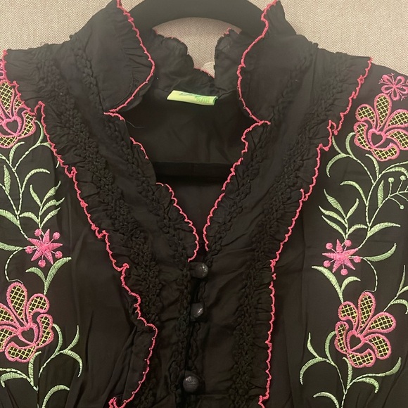 Black Embroidered Sleveless Ruffled V Neck Mini Dress/Tunic Top wt Belt XS-S - Picture 3 of 10